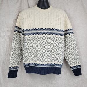 Lord Jeff Vintage 70s Cable Knit Fair Isle Nordic Pattern White Blue Crewneck